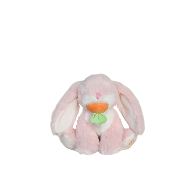 Pink plush bunny toy with a carrot nose on a white background