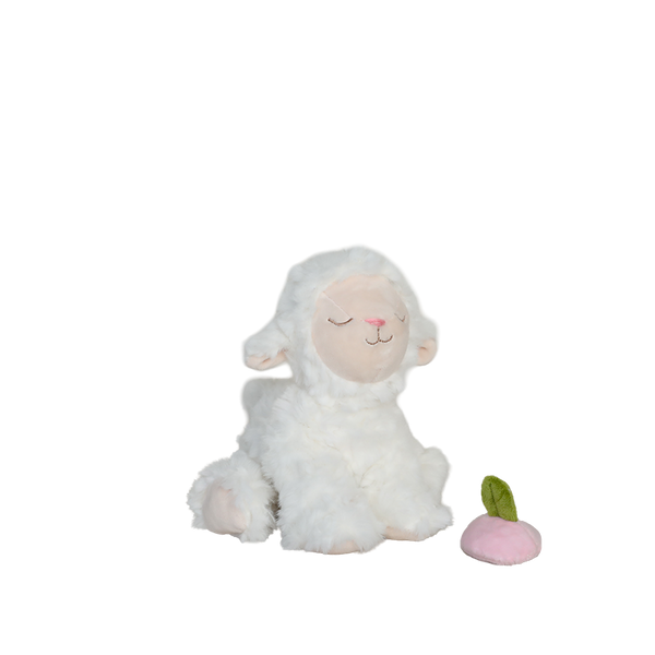 White plush lamb toy with a pink nose on a white background