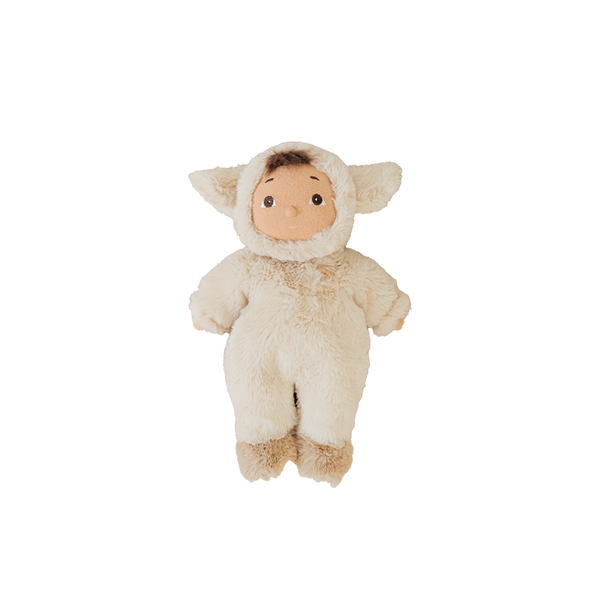 Plush toy lamb with a baby face on a white background