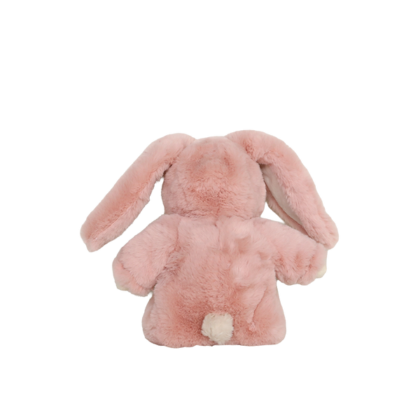 Pink plush bunny toy on a white background
