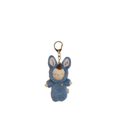 Blue plush keychain with a sleeping baby design on a white background