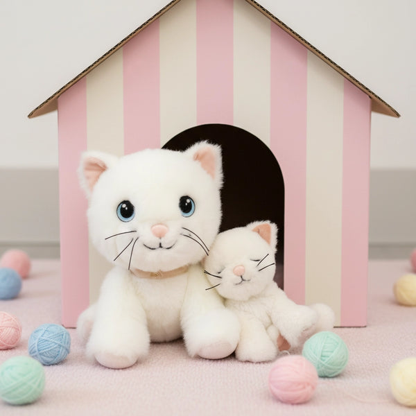 Two plush cats in front of a striped pink and white house with colorful balls on a soft surface.