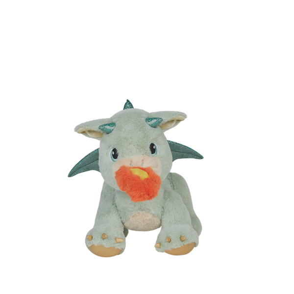 Plush toy dragon with green body, flame on mouth, and beige feet on a white background