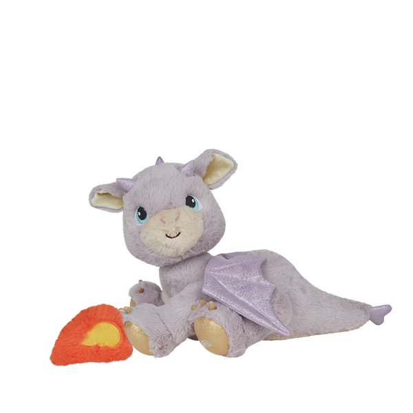 Plush dragon toy with a small fire-like object on a white background