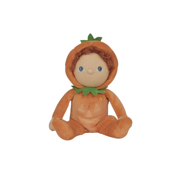 Plush toy dressed as a pumpkin on a white background