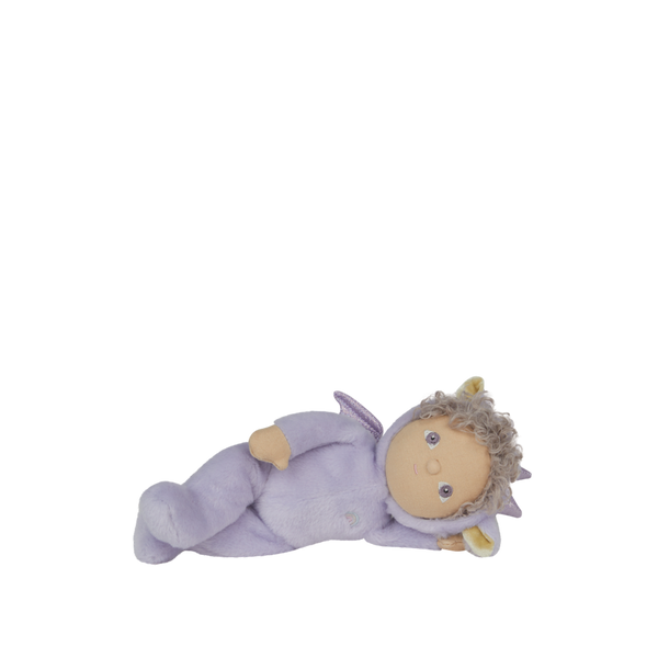 Toy figure of a baby in a purple outfit on a white background