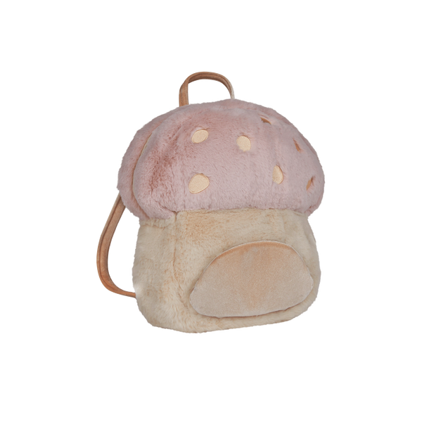 Mushroom-shaped backpack with pink cap and beige stem on a white background