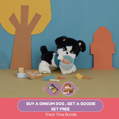 Stuffed dog toy with a bowl of treats in front of a colorful background with trees and a house.