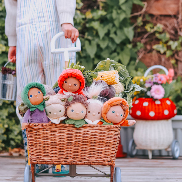 6 pack of collectable vegetable themed plush toys. Posable plush dolls with gentle weighting for imaginative doll play. These limited-edition, collectible, pocket-sized, and loveable friends are ready for any adventure!