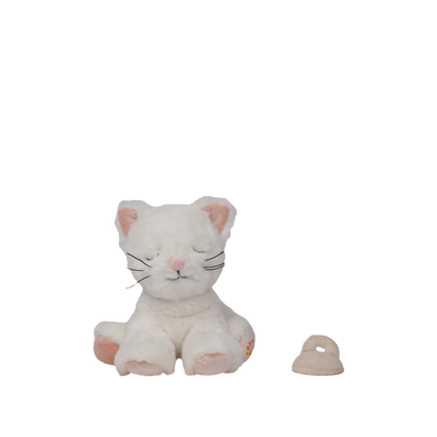 White plush cat toy with pink accents on a white background