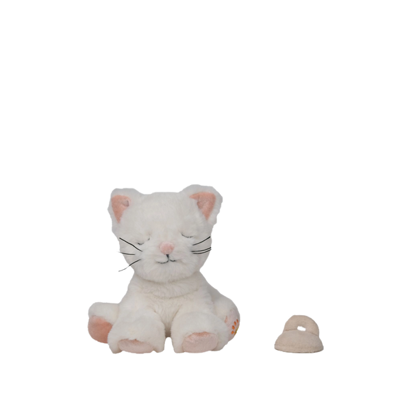 White plush cat toy with pink accents on a white background