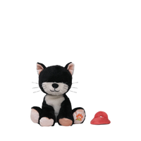Black and white cat-shaped plush toy with a red toy attached on a white background