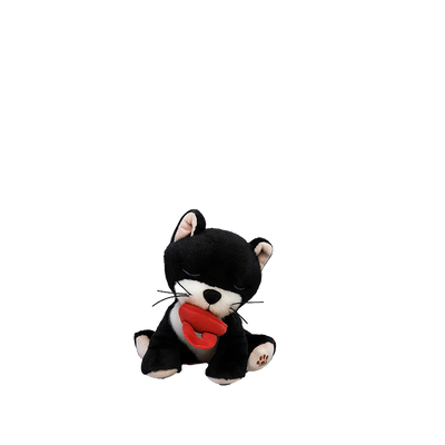 Black and white plush toy with a red pacifier on a white background