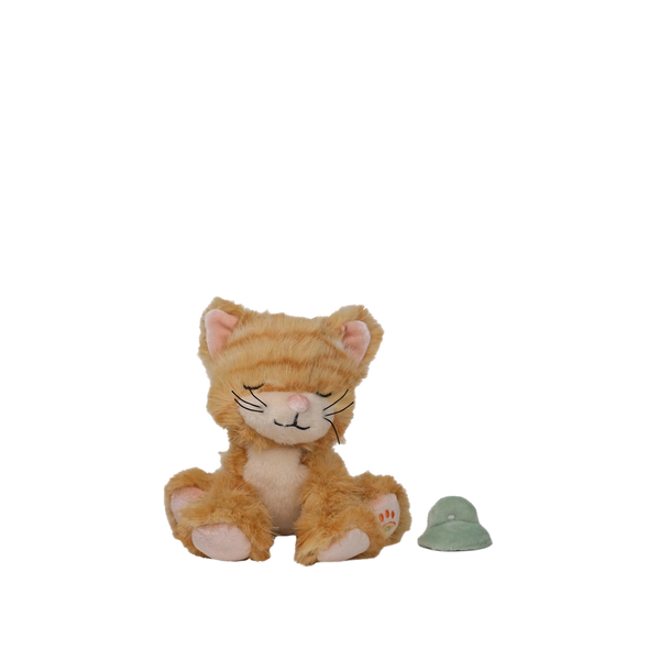 Plush cat toy with a green hat on a white background