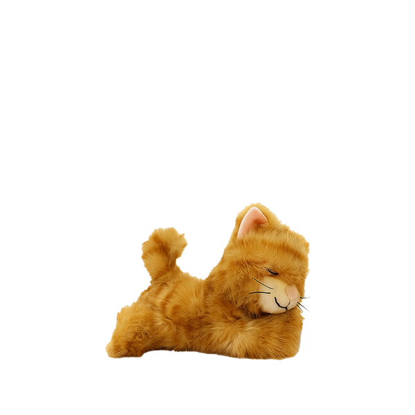 Plush toy lion lying down on a white background