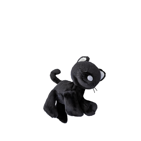 Black plush toy cat on a white background