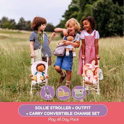 Three children playing with dolls in a field, with promotional text for Sollie stroller and outfit set.