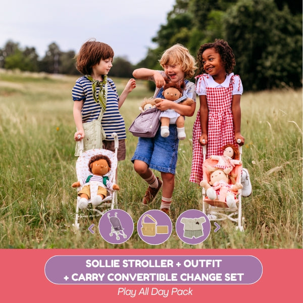 Three children playing with dolls in a field, with promotional text for Sollie stroller and outfit set.