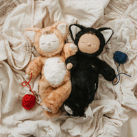 Image of a black cat and a ginger tabby cat, soft plush toy doll for kids