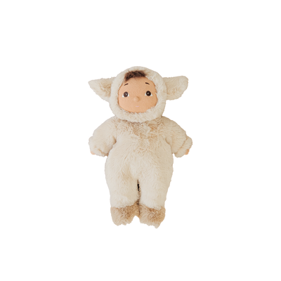 Plush toy lamb with a baby face on a white background