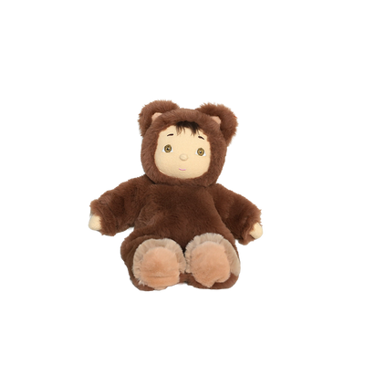 Plush toy in a brown bear costume on a white background