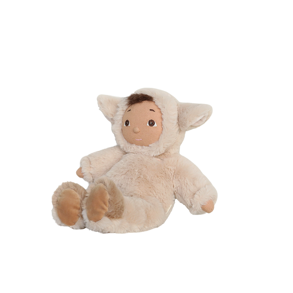 Plush toy resembling a baby in a lamb costume on a white background