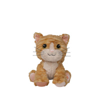 Plush toy cat with orange and white fur on a white background