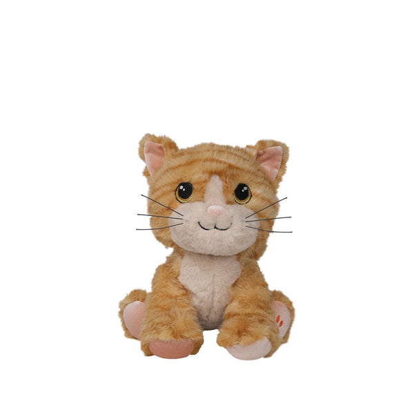 Plush toy cat with orange and white fur on a white background