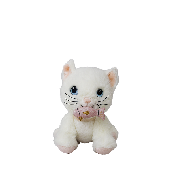 White plush cat toy with a pink fish on a white background