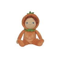 Plush toy dressed as a pumpkin on a white background