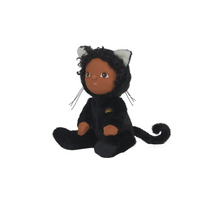 Plush toy in a black cat costume on a white background