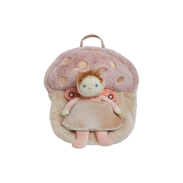 Plush backpack with a fairy doll inside on a white background