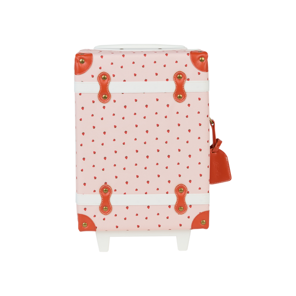 Kids travel suitcase with pink strawberry print.