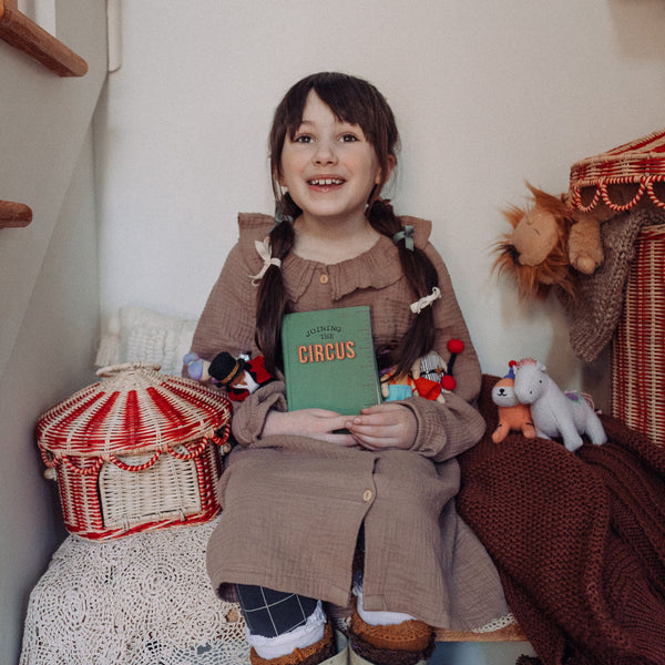 Olli Ella circus tent rattan woven basket for storage of kids toys and dolls. Pair with our pocket sized Holdie Folk plush toys and animal toys.