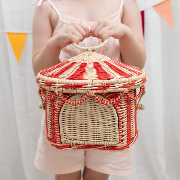 Olli Ella circus tent rattan woven basket for storage of kids toys and dolls. Pair with our pocket sized Holdie Folk plush toys and animal toys.