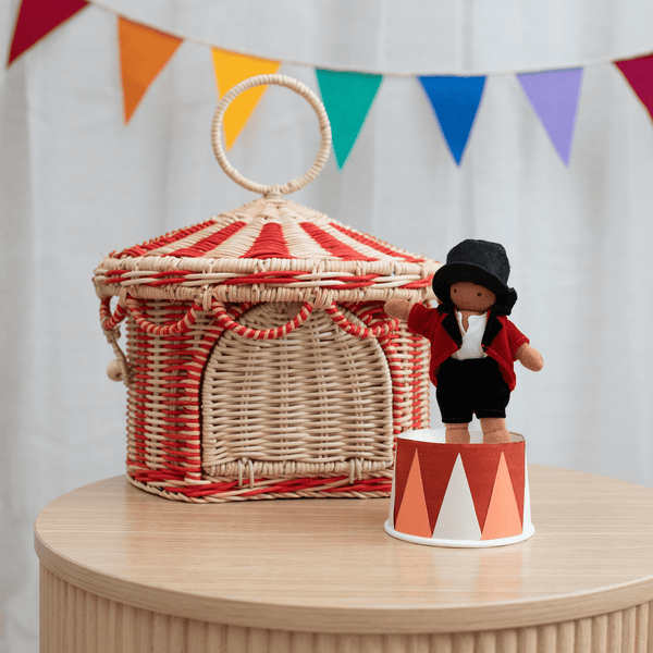 Olli Ella circus tent rattan woven basket for storage of kids toys and dolls. Pair with our pocket sized Holdie Folk plush toys and animal toys.