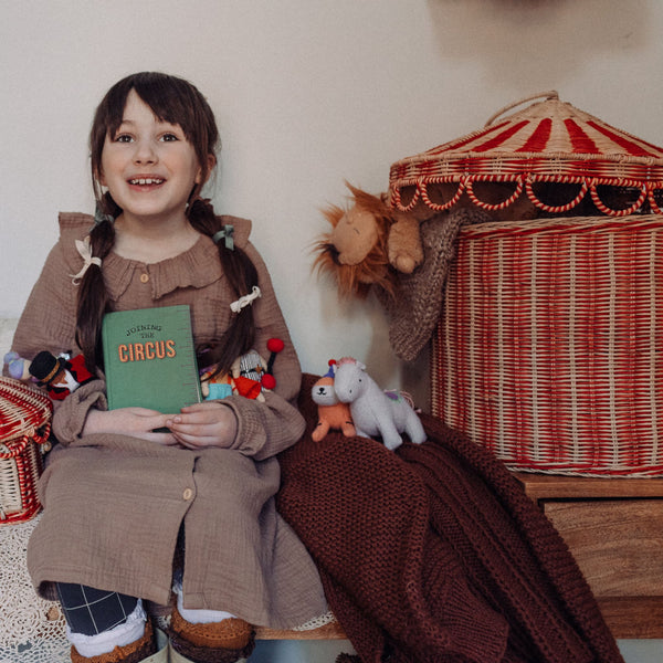 Olli Ella circus tent rattan woven basket for imaginative doll play. Pair with our pocket sized Holdie Folk plush toys.
