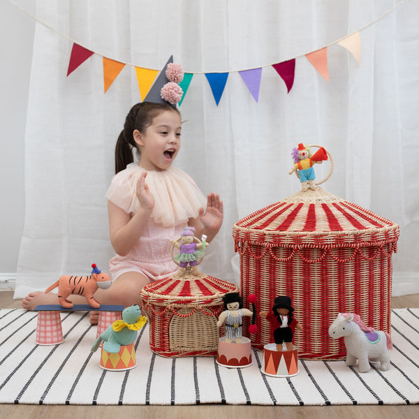 Olli Ella circus tent rattan woven basket for imaginative doll play. Pair with our pocket sized Holdie Folk plush toys.