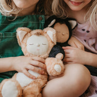 2 little girl loving their ginger tabby cat and black cat, soft plush toy dinkum doll for kids