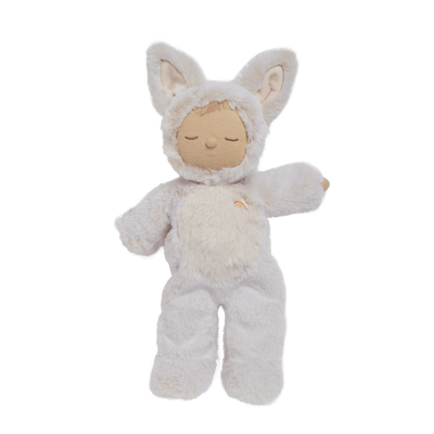 Cozy Dinkum Fenix Fox plush toy, perfect for snuggles and peaceful rest. This posable plush fox features a soft outer, embroidered face, and a non-removable suit making it the perfect companion from birth.
