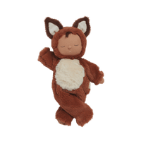 Cozy Dinkum Finnley Fox plush toy, the dreamy woodland doll with the softest rust-colored fur and a sleepy flopsy body, perfect for snuggles and sweet dreams. This posable plush fox features an embroidered face, tuft of hair, and a non-removable suit with unique detailing and a rainbow heart.