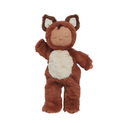 Cozy Dinkum Finnley Fox plush toy, the dreamy woodland doll with the softest rust-colored fur and a sleepy flopsy body, perfect for snuggles and sweet dreams. This posable plush fox features an embroidered face, tuft of hair, and a non-removable suit with unique detailing and a rainbow heart.