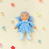 Olli Ella Blossom Buds Dinky Dinkum Iris blue flower doll laying with flowers