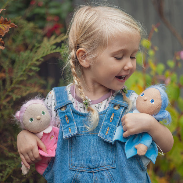 Olli Ella Blossom Buds Dinky Dinkum Iris blue flower doll  pictured with child and Lily doll