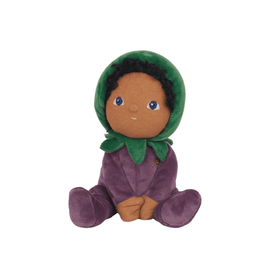 Ellis Eggplant, the charming limited-edition collectable eggplant plush toy. A posable plush doll with gentle weighting inside, dressed in a soft, non-removable velvet onesie. Collect all Happy Harvest friends.