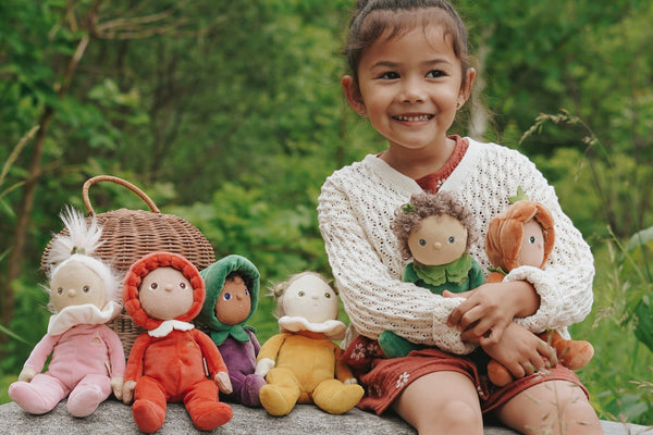 Meet Marley Mushroom, a delightful Dinky Dinkum plush doll from the Happy Harvest collection, featuring a posable body with gentle weighting and a soft velvet onesie. Collect all the friends and let your childs imagination run wild with imaginative play.