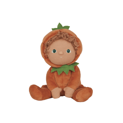 Perry Pumpkin, the charming limited-edition collectable pumpkin plush toy. A posable plush doll with gentle weighting inside, dressed in a soft, non-removable velvet onesie. Collect all Happy Harvest friends.