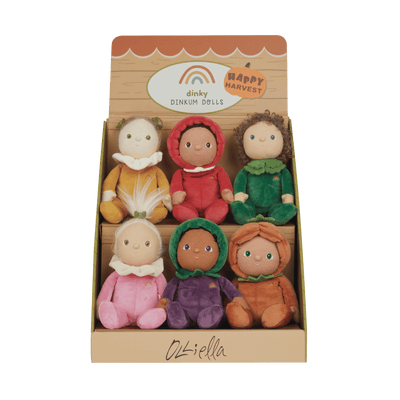 6 pack of collectable vegetable themed plush toys. Posable plush dolls with gentle weighting for imaginative doll play. These limited-edition, collectible, pocket-sized, and loveable friends are ready for any adventure!  