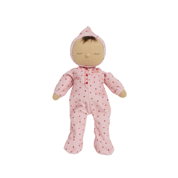 Olli Ella Dozy Dinkum Doll - strawberry. Floppy soft-doll suitable from birth with pink strawberry printed onesie,