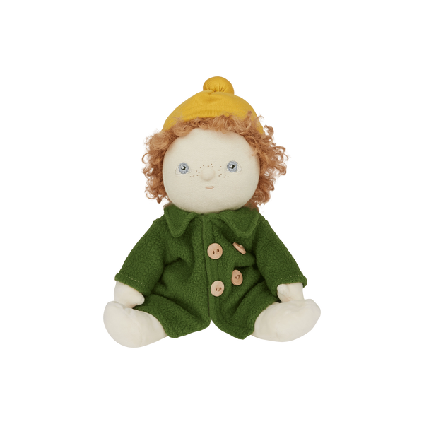 Stuffed toy with a green coat and yellow hat on a white background